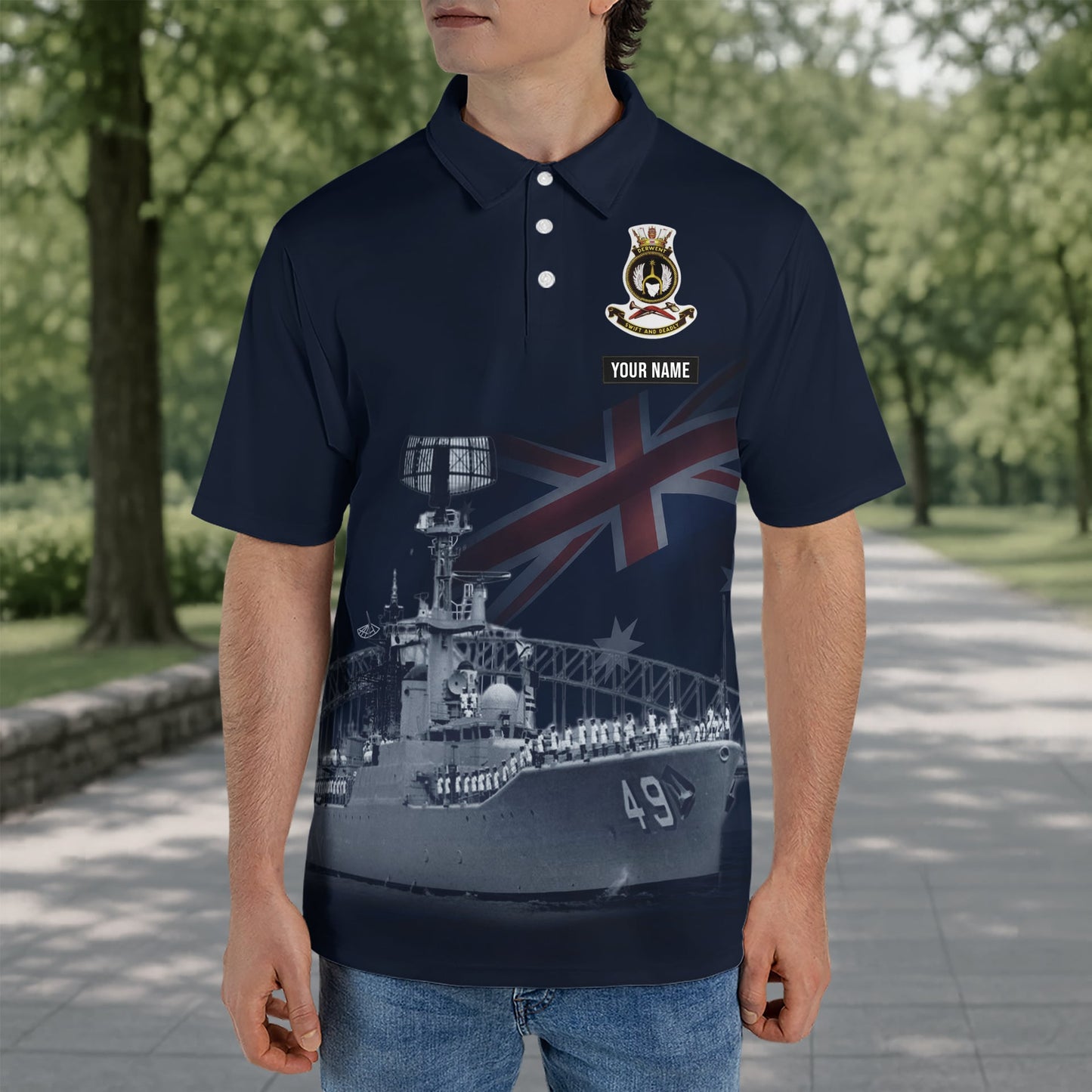 Custom Name Royal Australian Navy RAN HMAS Derwent (DE 49) Veteran Polo Shirt