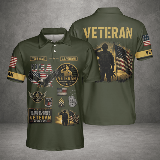 Custom Name US Veteran American Flag Eagle Polo Shirt