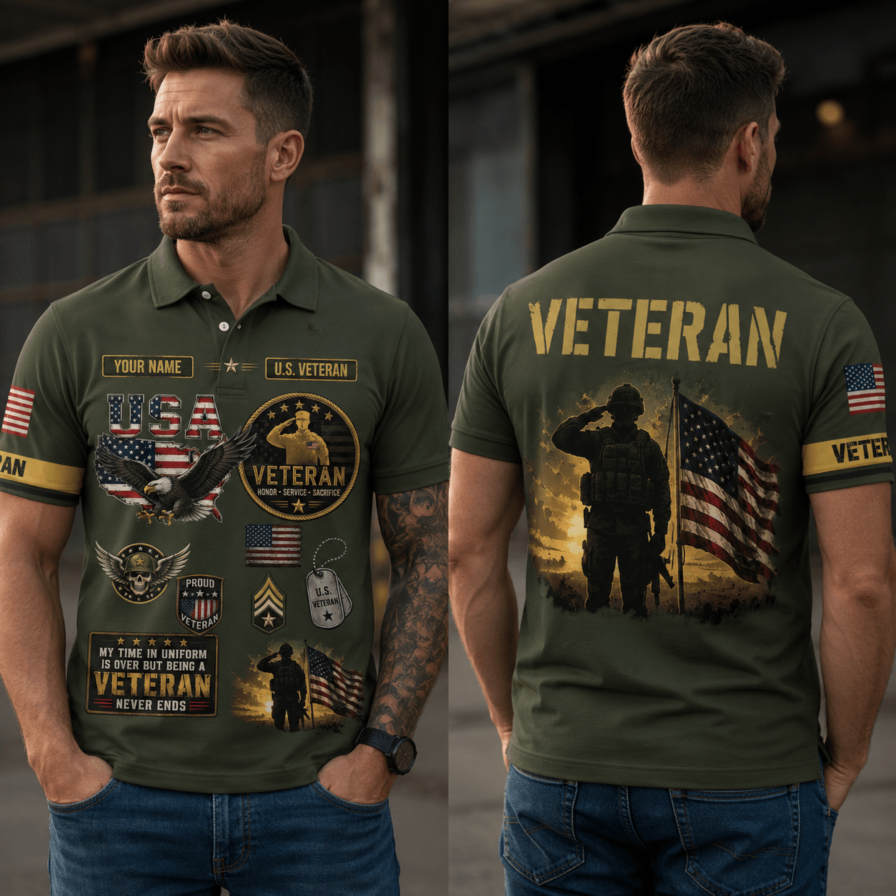 Custom Name US Veteran American Flag Eagle Polo Shirt