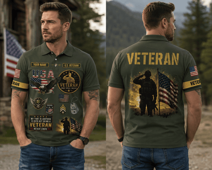Custom Name US Veteran American Flag Eagle Polo Shirt