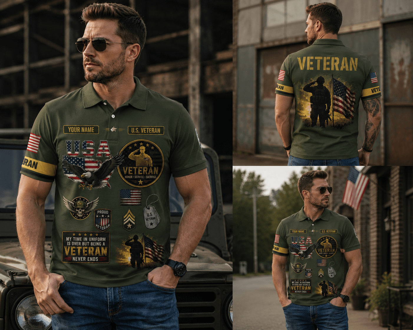 Custom Name US Veteran American Flag Eagle Polo Shirt