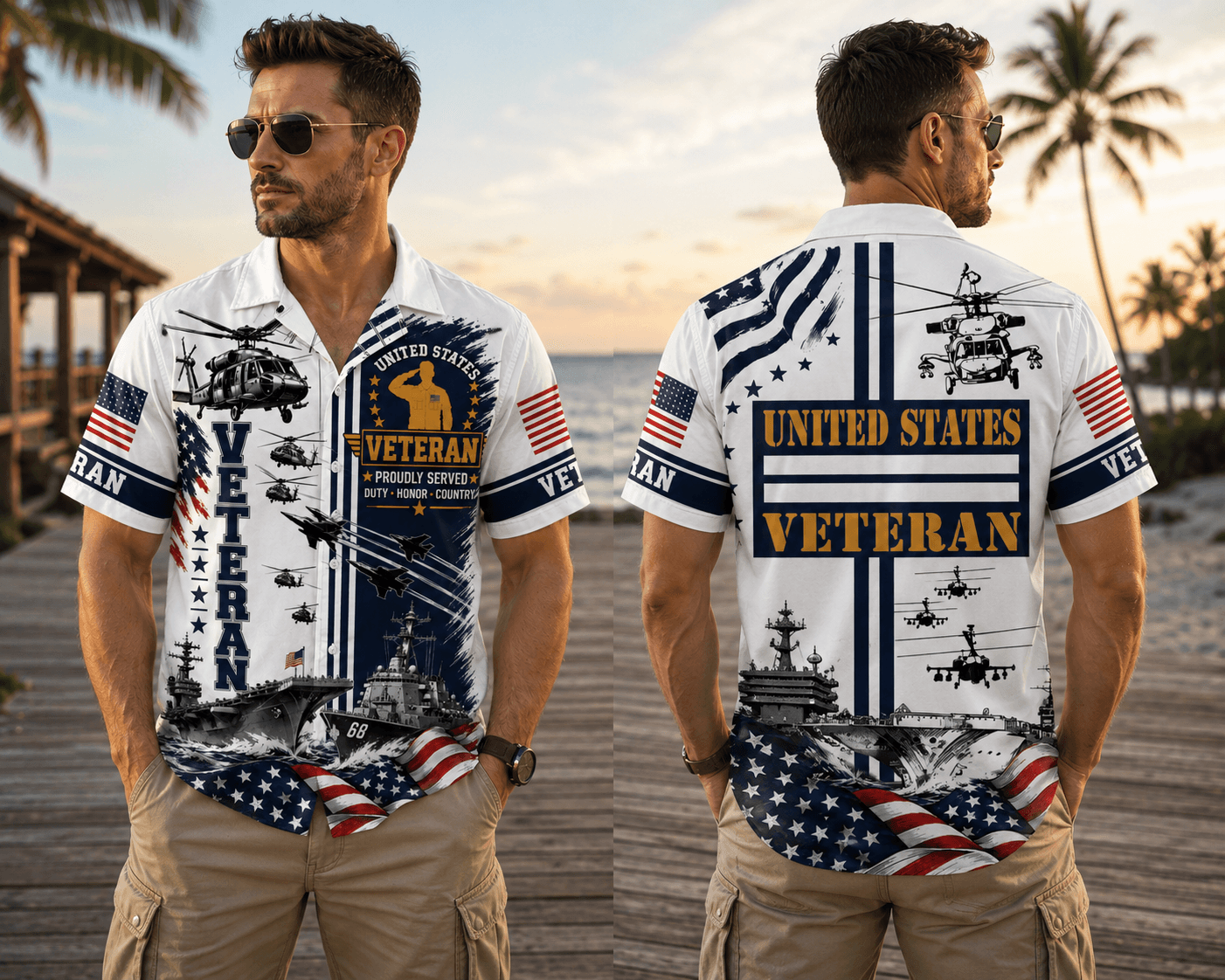 US Veteran American Flag Hawaiian Shirt, Patriotic Military Button Down Shirt For Men