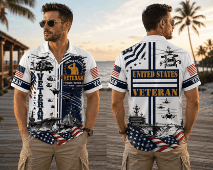 US Veteran American Flag Hawaiian Shirt, Patriotic Military Button Down Shirt For Men