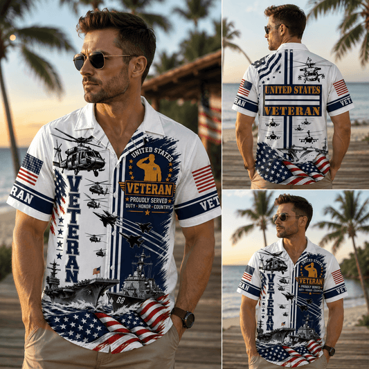 US Veteran American Flag Hawaiian Shirt, Patriotic Military Button Down Shirt For Men