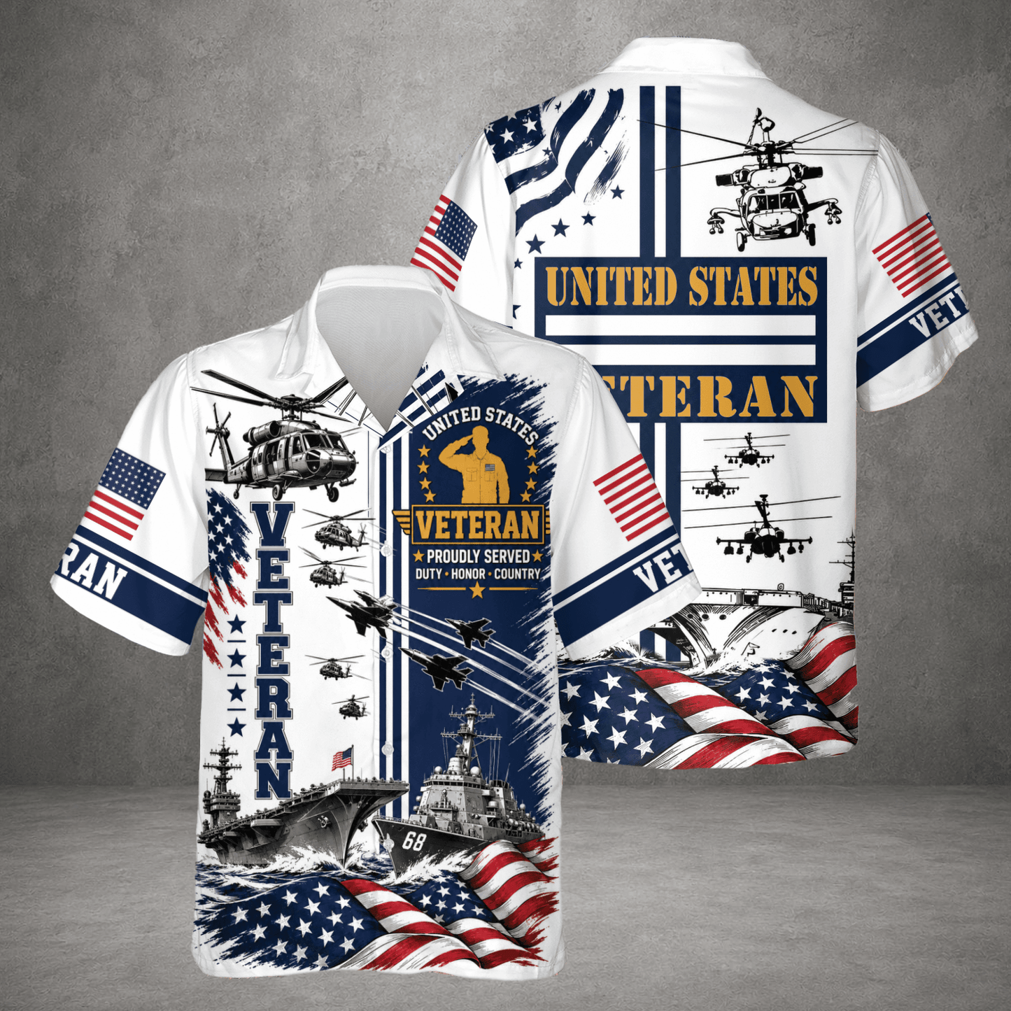 US Veteran American Flag Hawaiian Shirt, Patriotic Military Button Down Shirt For Men