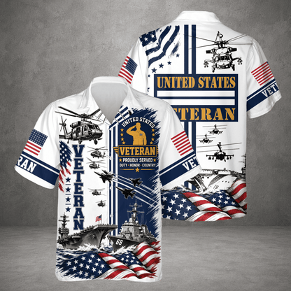 US Veteran American Flag Hawaiian Shirt, Patriotic Military Button Down Shirt For Men