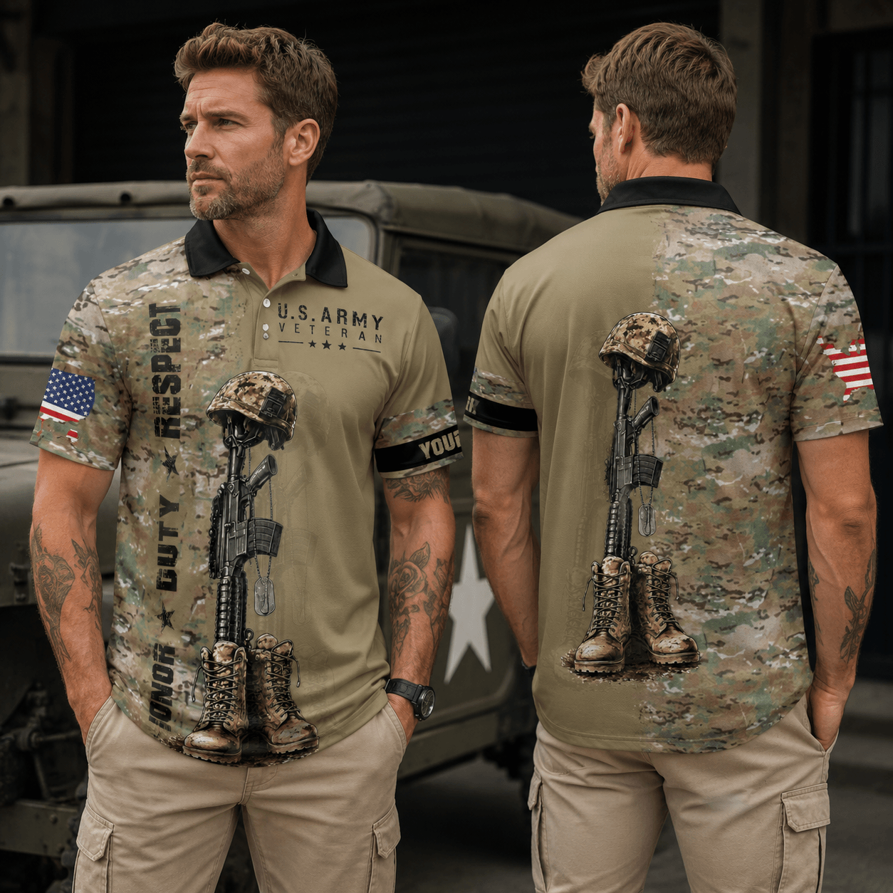 Custom Name Veteran American Flag Summer Pattern Men's Polo Shirt