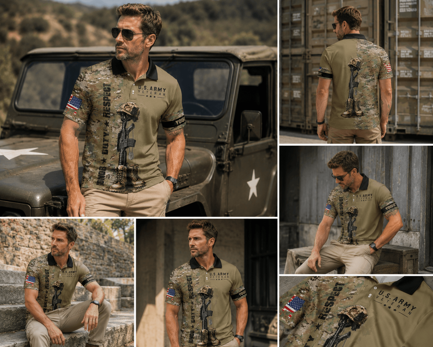 Custom Name Veteran American Flag Summer Pattern Men's Polo Shirt
