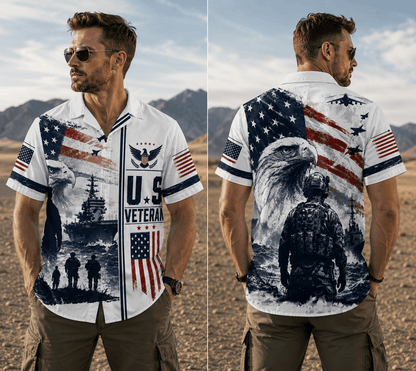 US Veteran Hawaiian Shirt, Patriotic Military Aloha Beach Shirt, Veteran Gift For Dad Husband