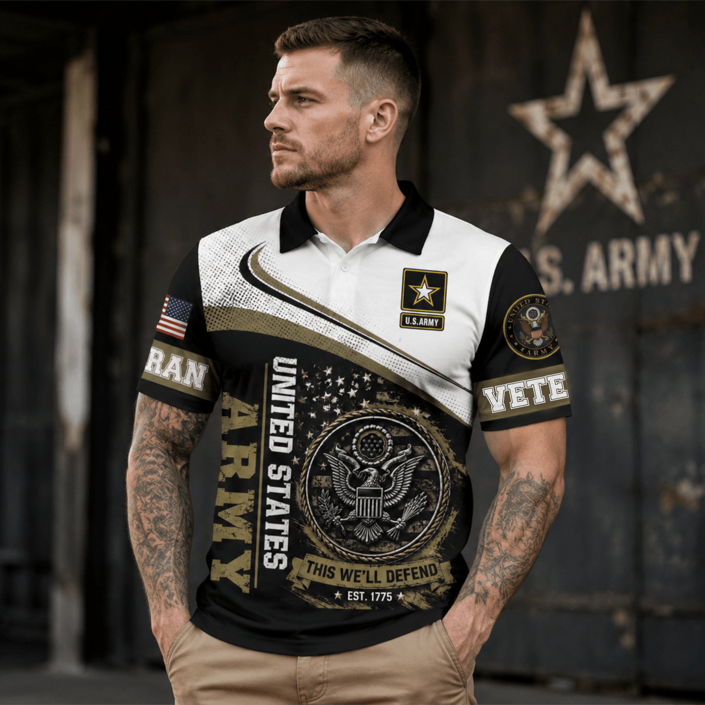 Custom Name US Veteran American Flag Eagle Pattern Men's Polo Shirt