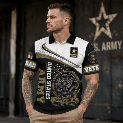 Custom Name US Veteran American Flag Eagle Pattern Men's Polo Shirt