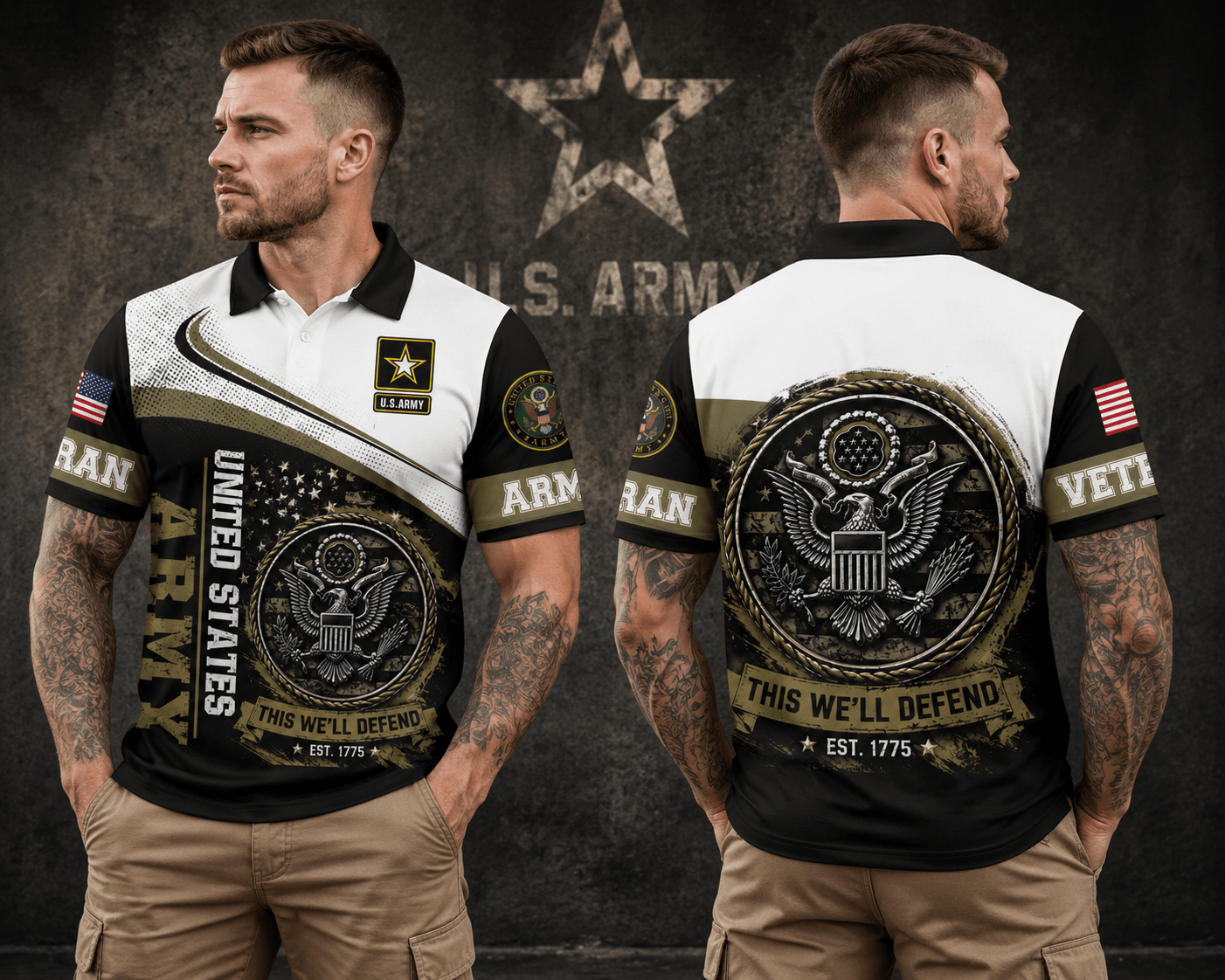 Custom Name US Veteran American Flag Eagle Pattern Men's Polo Shirt