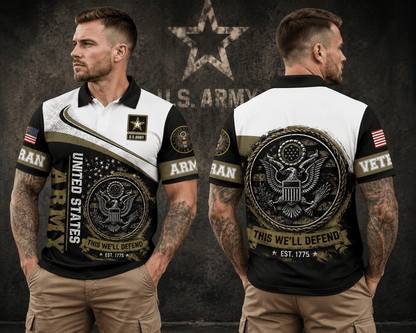Custom Name US Veteran American Flag Eagle Pattern Men's Polo Shirt