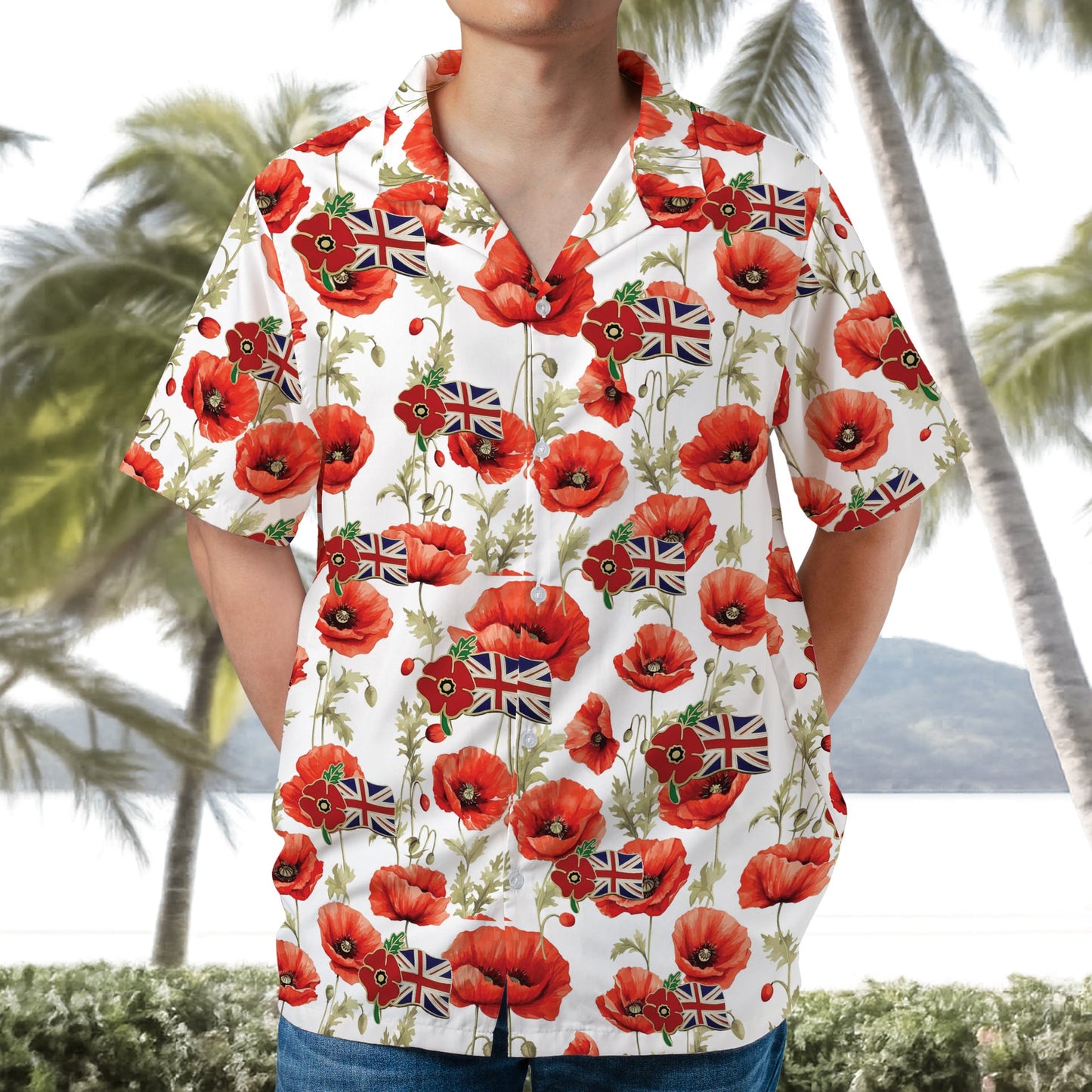 UK Armed Forces Red Poppy Union Jack Flag Badges Lest We Forget Remembrance Day Hawaiian Shirt