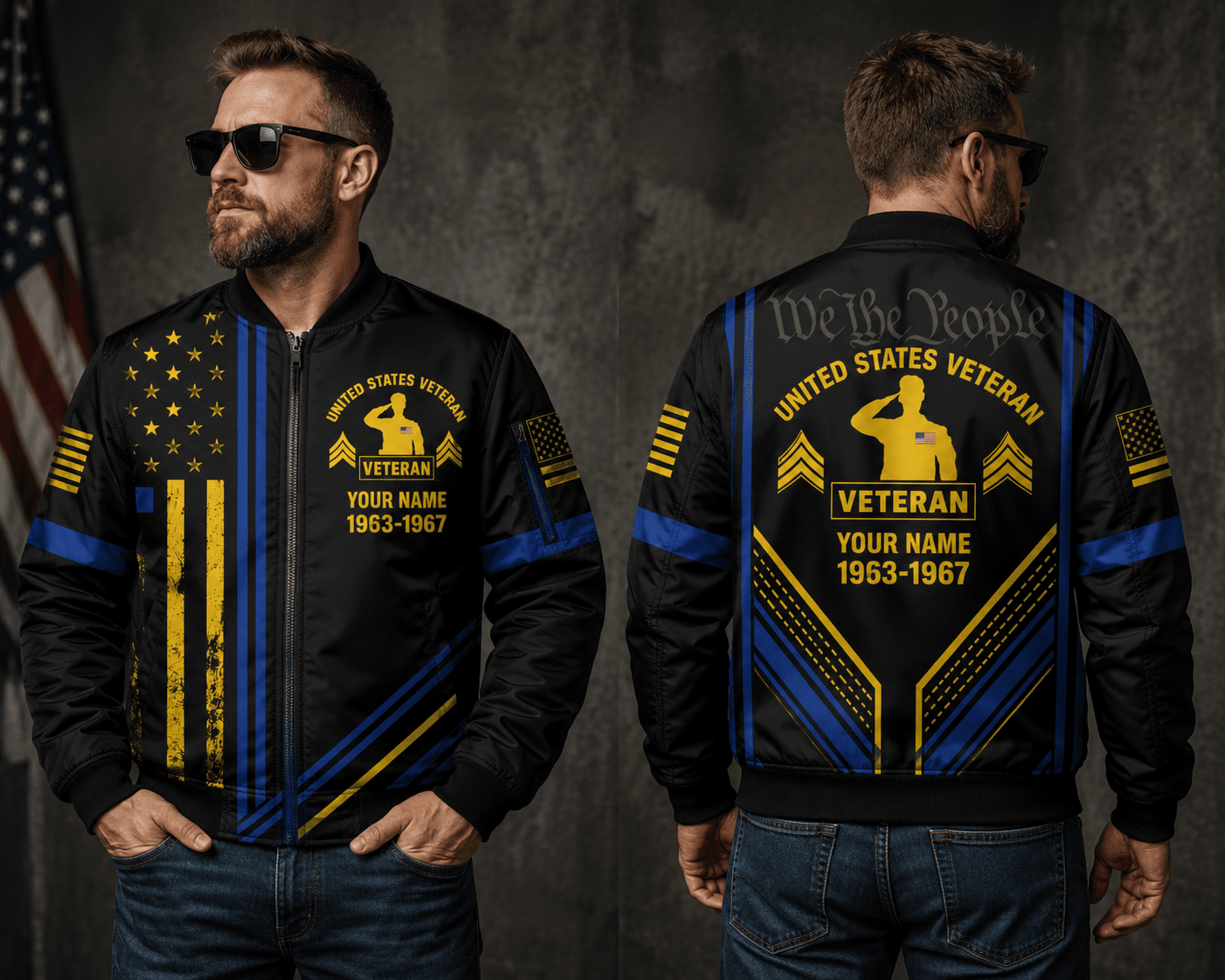 Custom Name Patriotic US Army Veteran Military Black Bomber Jacket / Combo