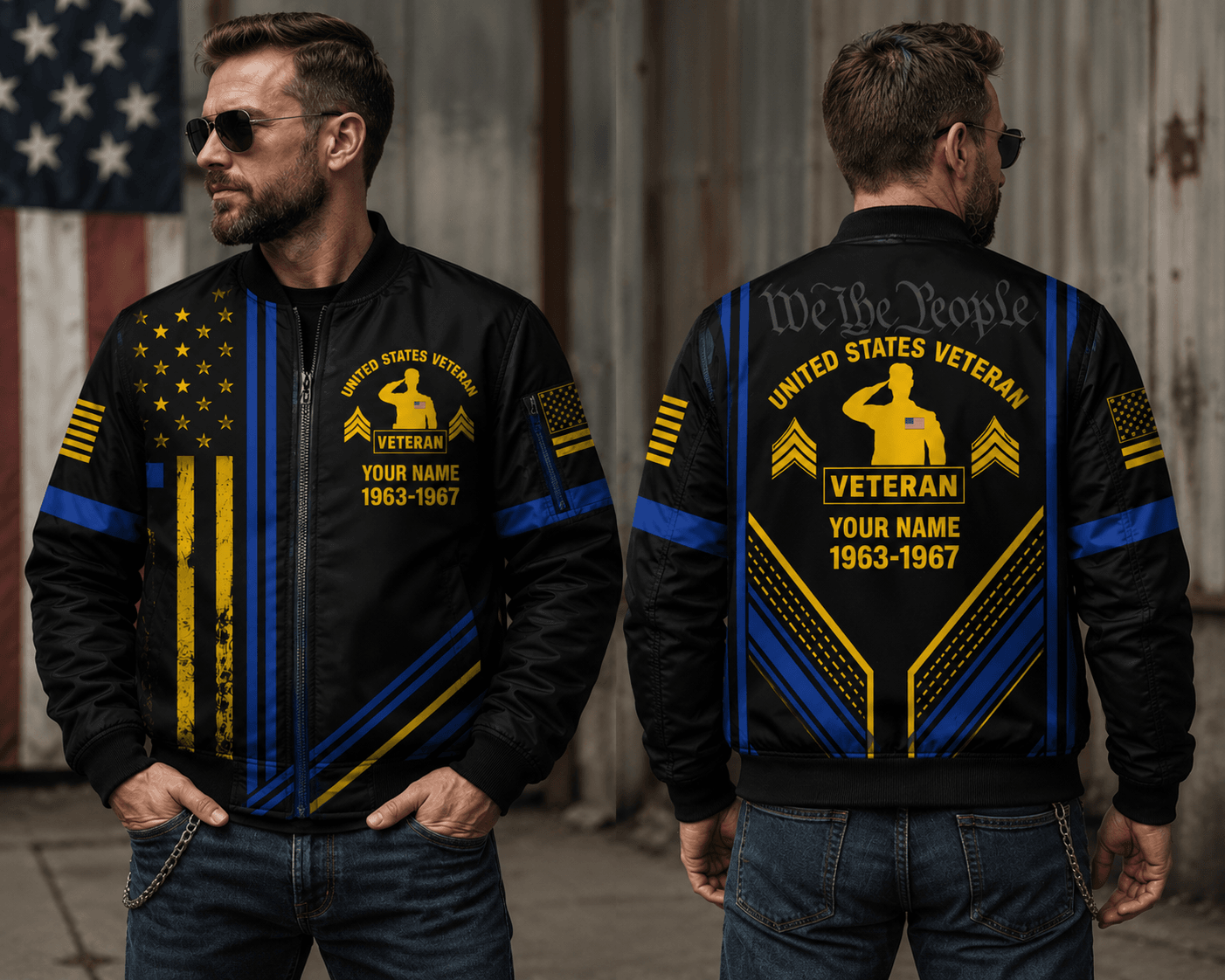 Custom Name Patriotic US Army Veteran Military Black Bomber Jacket / Combo