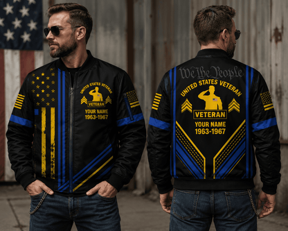 Custom Name Patriotic US Army Veteran Military Black Bomber Jacket / Combo