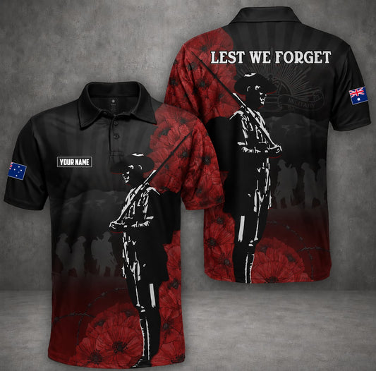 Personalized Australian Army Anzac Day Polo Shirt, Custom Name Lest We Forget Memorial Shirt