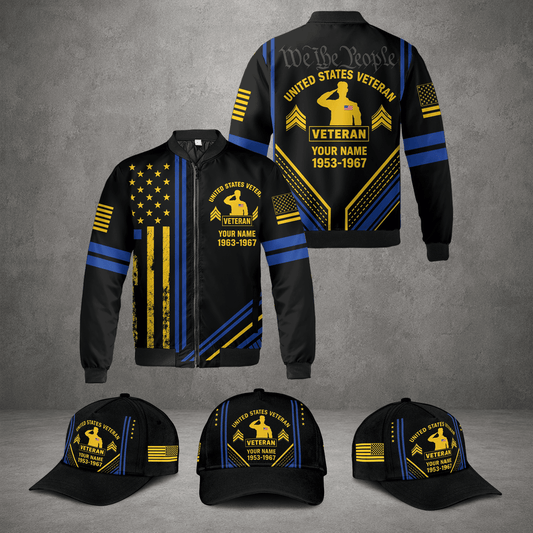 Custom Name Patriotic US Army Veteran Military Black Bomber Jacket / Combo