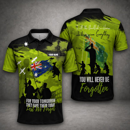 Custom Name Australian Defence Force Anzac Day Polo Shirt, Lest We Forget Remembrance Day Veterans Shirt