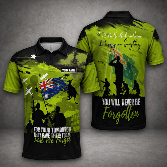 Custom Name Australian Defence Force Anzac Day Polo Shirt, Lest We Forget Remembrance Day Veterans Shirt