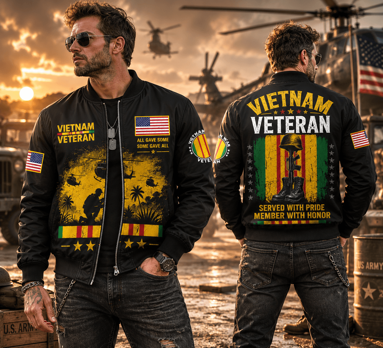 US Army Military Flight Vietnam Veteran Black Bomber Jacket / Combo
