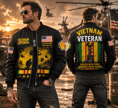 US Army Military Flight Vietnam Veteran Black Bomber Jacket / Combo