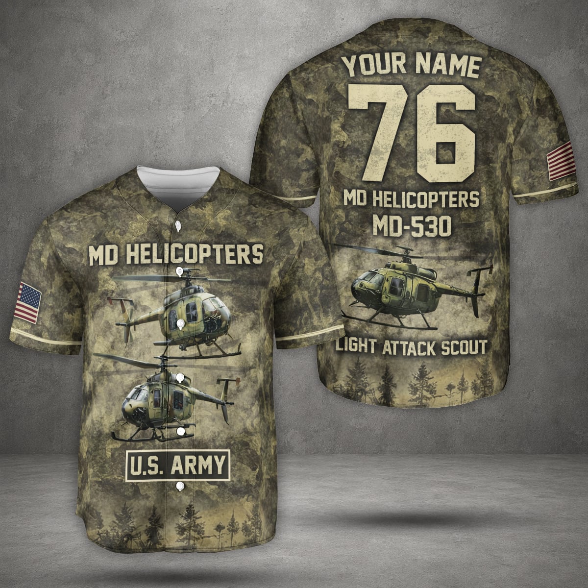 Custom Name & Number US Army MD 530F Cayuse Warrior Baseball Jersey