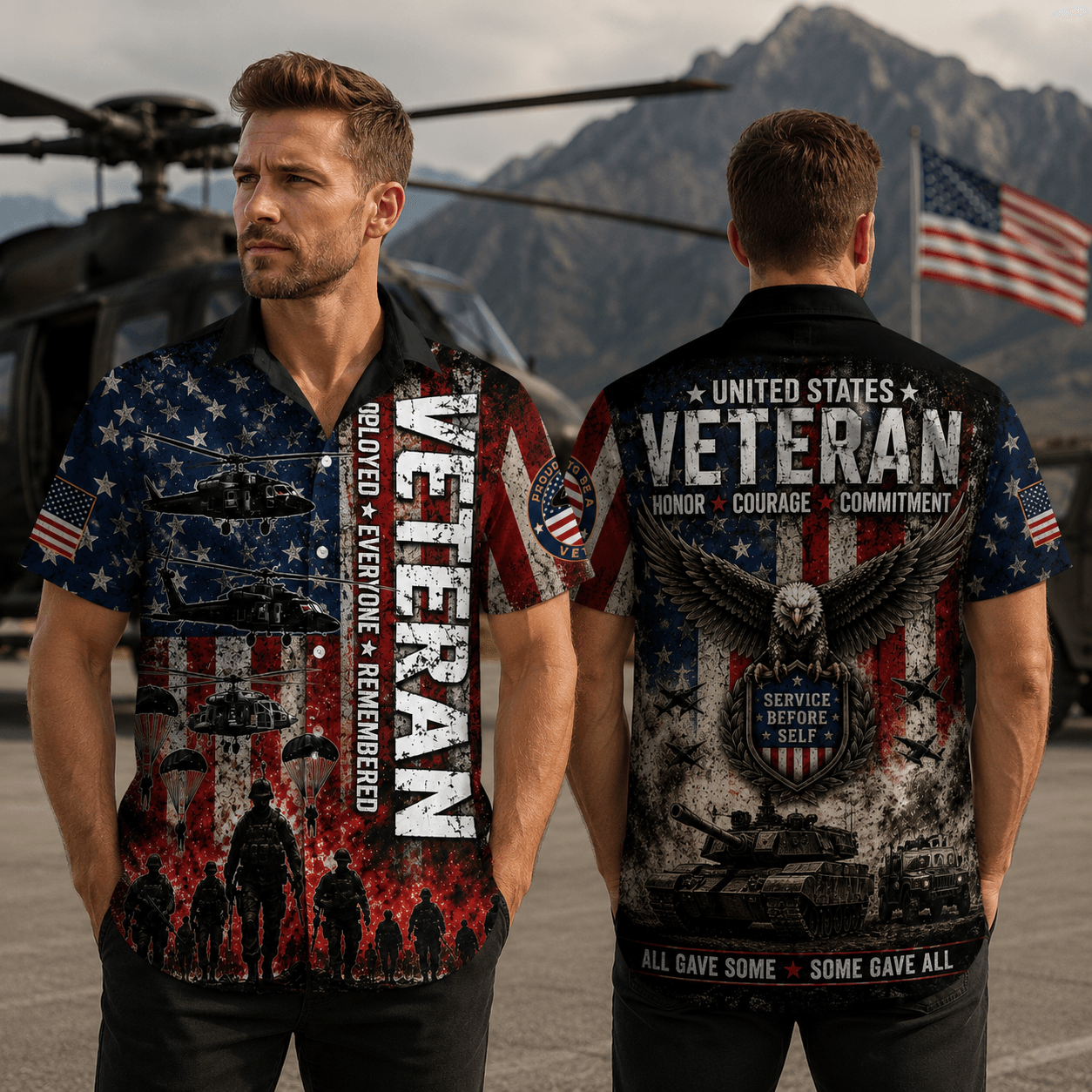 US Veteran American Flag Hawaiian Shirt, Patriotic Military Button Up For Men