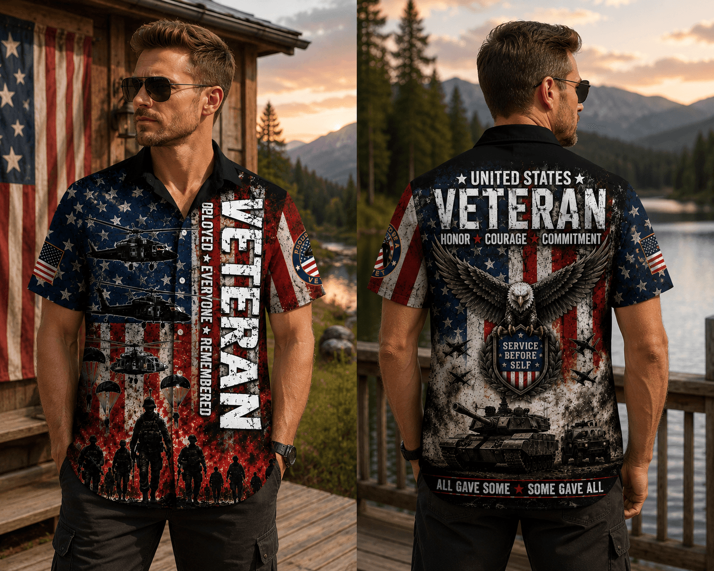US Veteran American Flag Hawaiian Shirt, Patriotic Military Button Up For Men