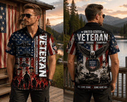 US Veteran American Flag Hawaiian Shirt, Patriotic Military Button Up For Men