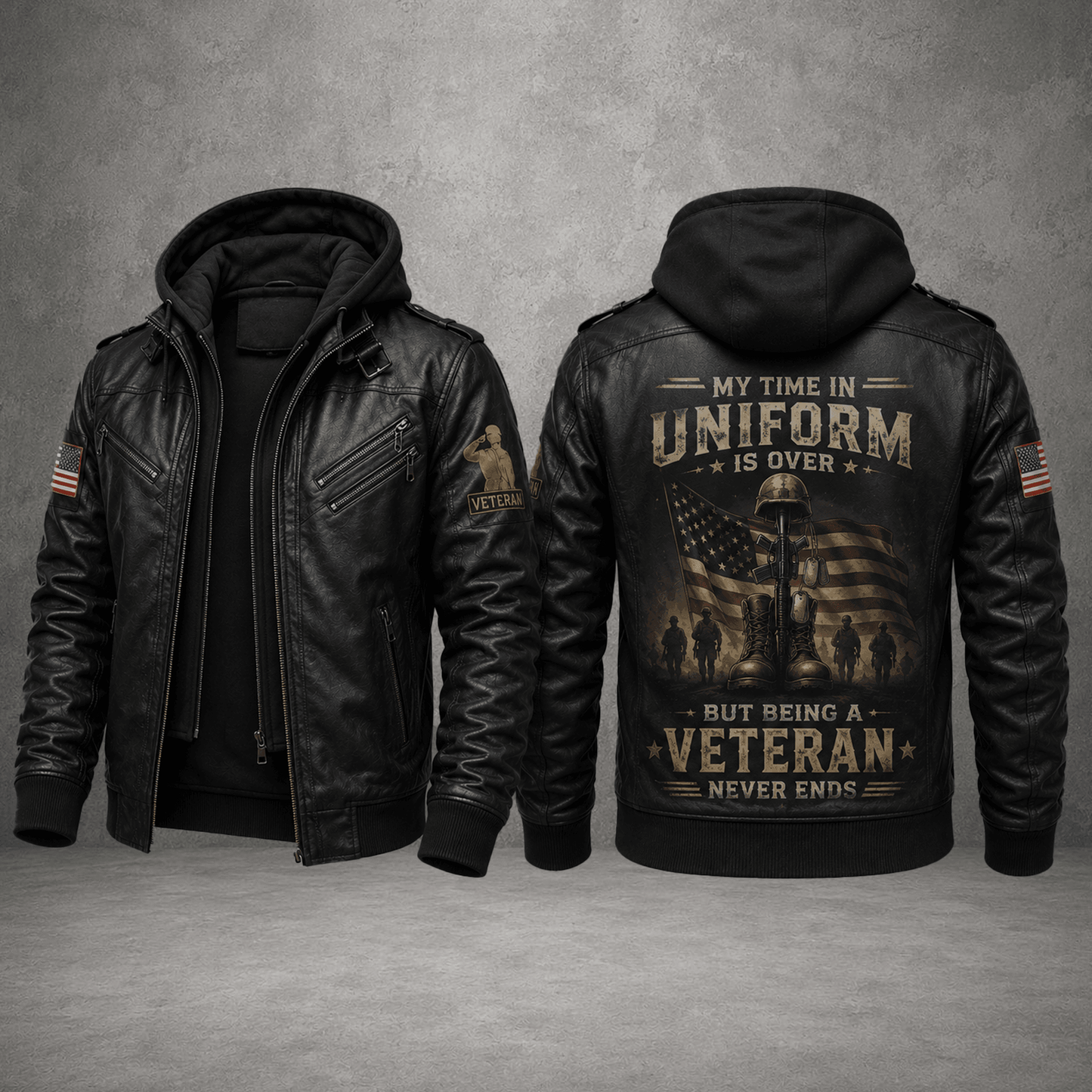 Being A Veteran Never Ends Leather Jacket For Men – Patriotic Military Leather Jacket