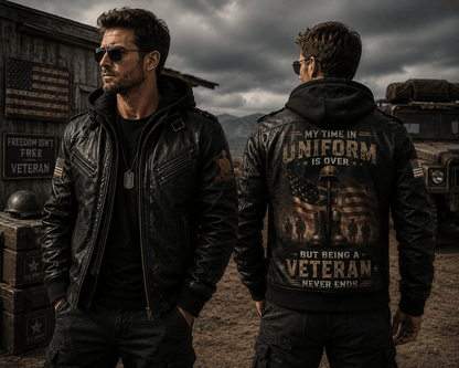 Being A Veteran Never Ends Leather Jacket For Men – Patriotic Military Leather Jacket
