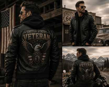 Veterans Leather Jacket For Men – Patriotic Military Cowhide Leather Jacket