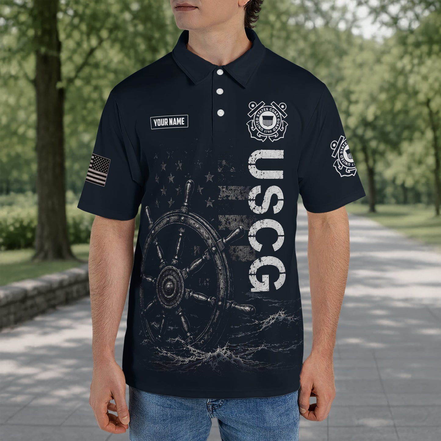 Custom Name US Coast Guard Veteran Retired Not Replaced Polo Shirt