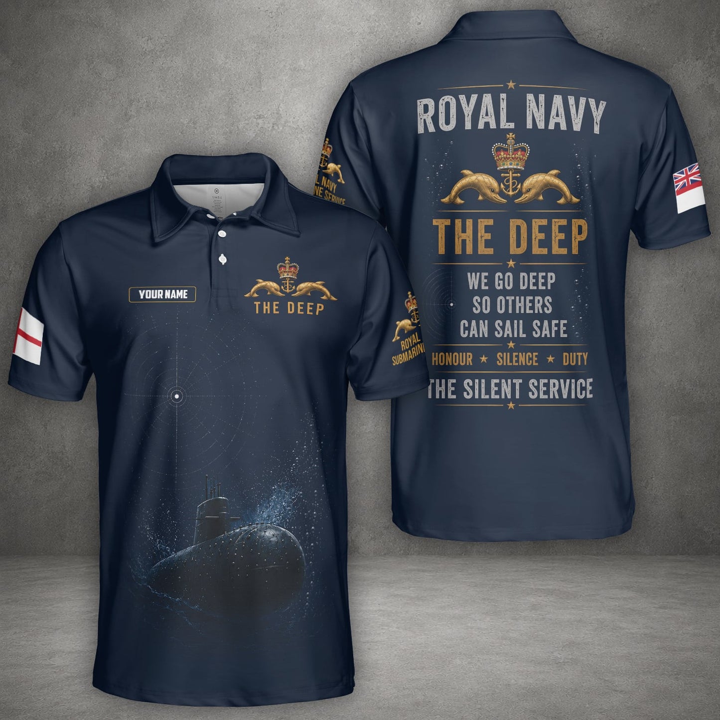 Custom Name United Kingdom Royal Navy Submarine Service The Deep Polo Shirt