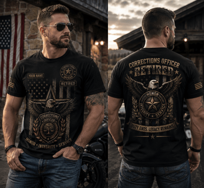 Custom Name Corrections Officer Retired 3D Shirt, Duty Ends Legacy Remains Shirt