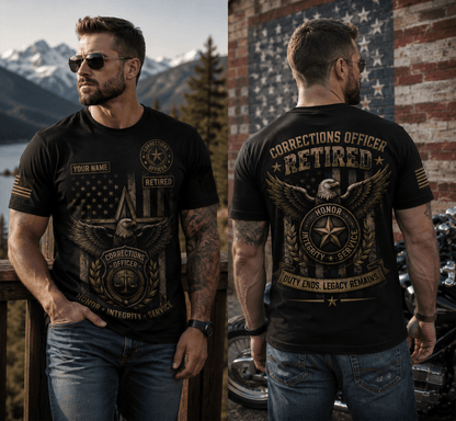 Custom Name Corrections Officer Retired 3D Shirt, Duty Ends Legacy Remains Shirt