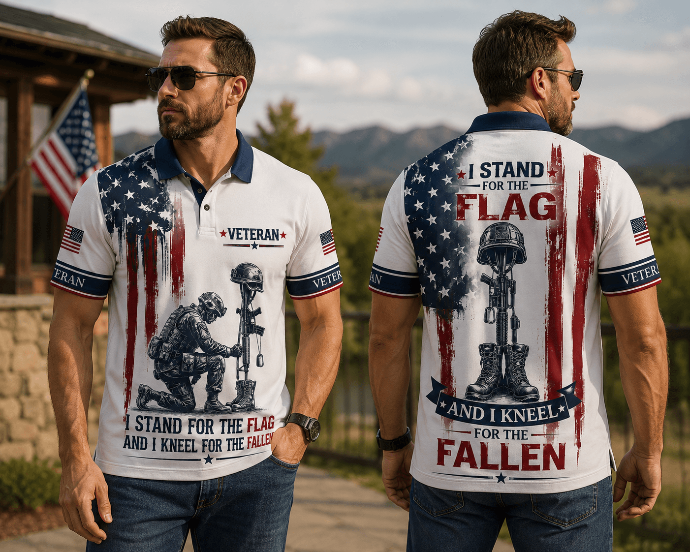 Custom Name Veteran Military Polo Shirt, I Stand For The Flag And I Kneel For The Fallen Shirt