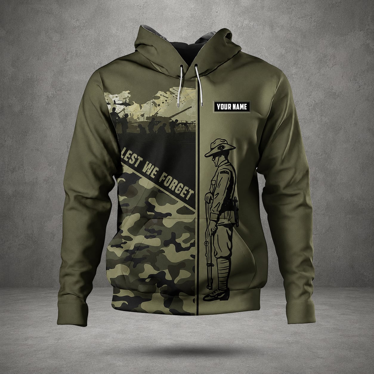 Australian Defence Force Commemorative Hoodie, Custom Name Lest We Forget Design