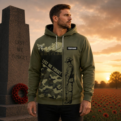 Australian Defence Force Commemorative Hoodie, Custom Name Lest We Forget Design