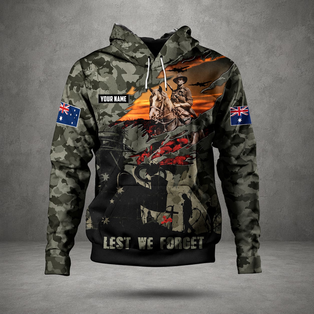 Australian Defence Force Anzac Day Hoodie, Custom Name Lest We Forget Memorial Hoodie