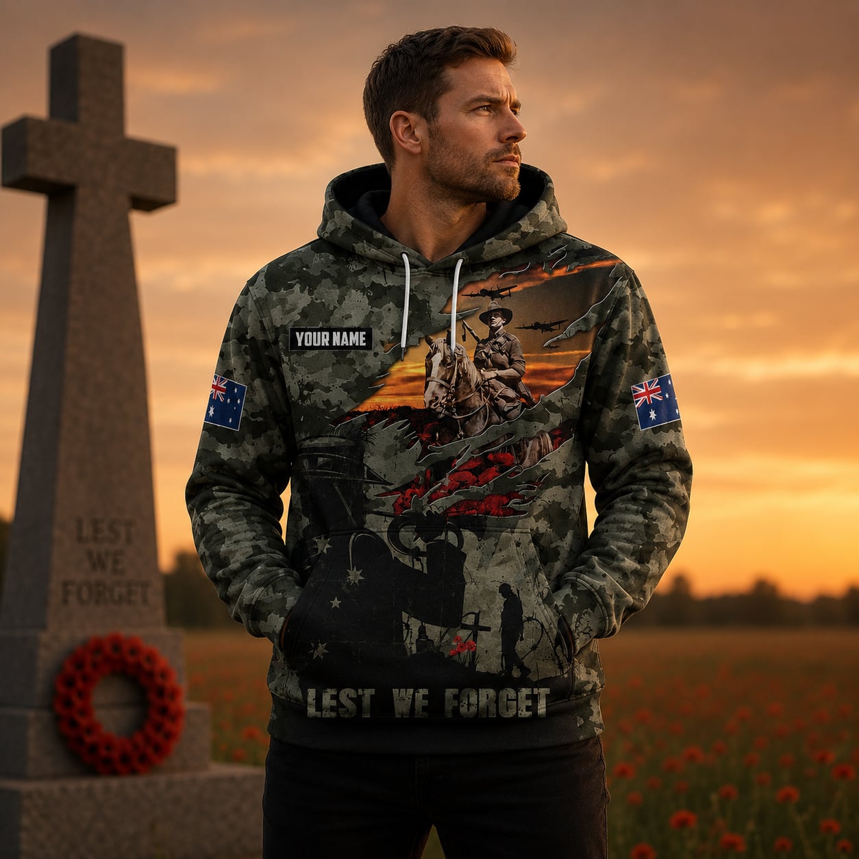 Australian Defence Force Anzac Day Hoodie, Custom Name Lest We Forget Memorial Hoodie