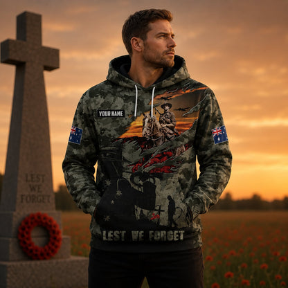 Australian Defence Force Anzac Day Hoodie, Custom Name Lest We Forget Memorial Hoodie