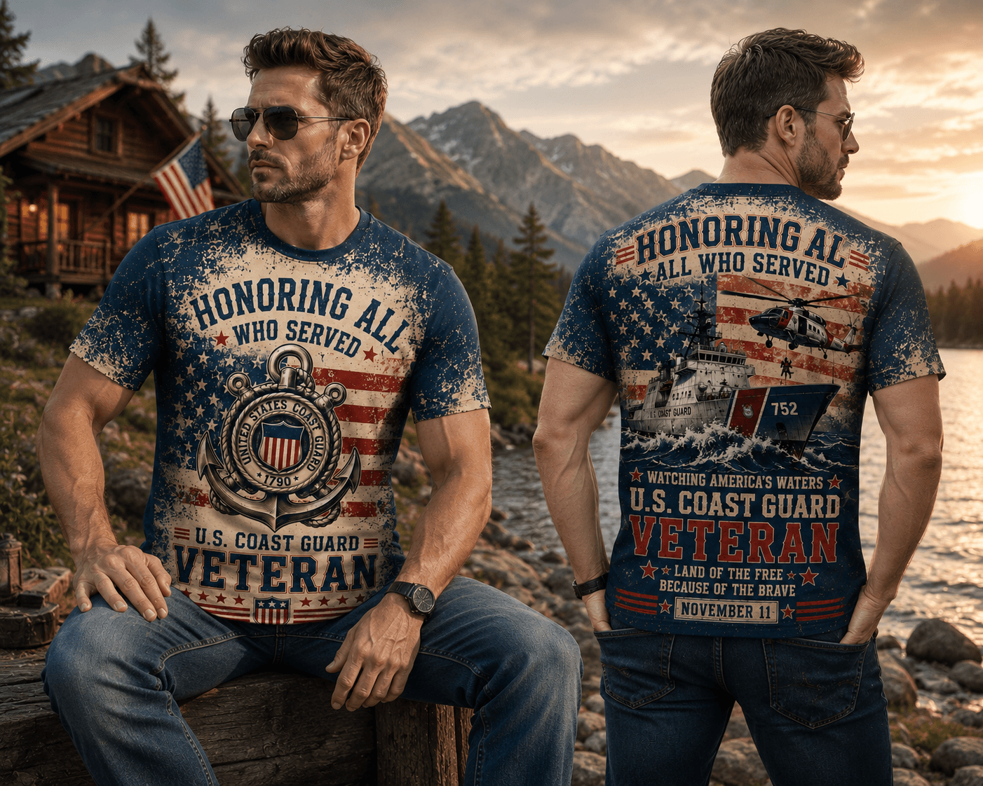 Honoring All Who Served Watching America's Waters US Coast Guard Veteran 3D Shirt