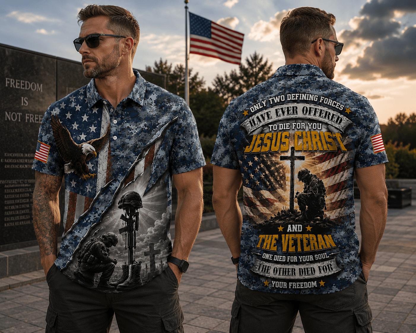 Only Two Defining Forces Have Ever Offered Polo Shirt, Jesus Christ And The American Veteran Shirt