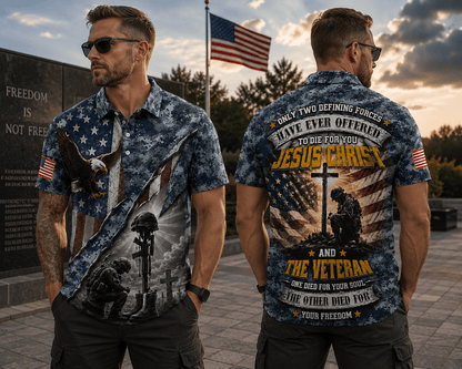 Only Two Defining Forces Have Ever Offered Polo Shirt, Jesus Christ And The American Veteran Shirt